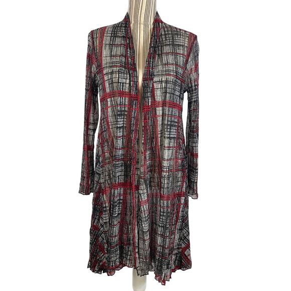 Comfy USA Gray Red Sheer Open Front Hi-Low Duster Cardigan Size Medium - Picture 1 of 7
